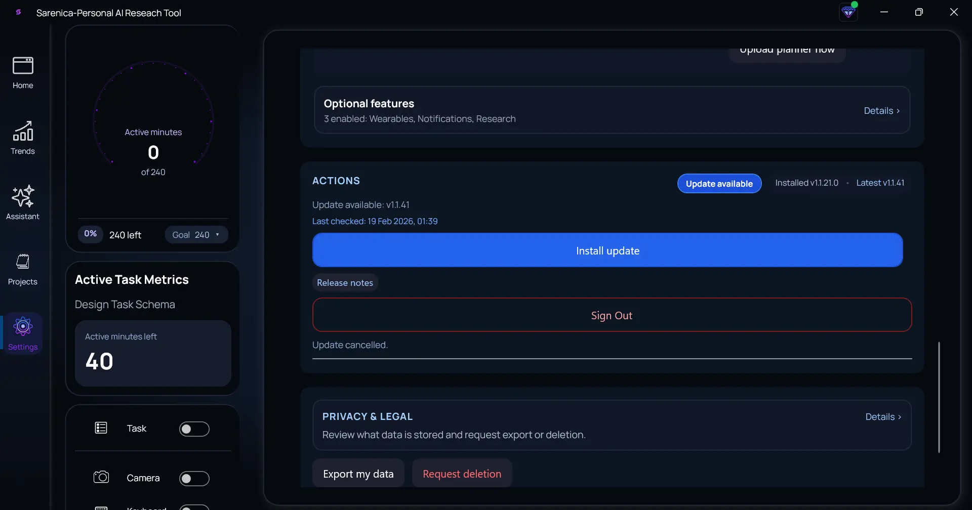 Sarenica sync settings panel showing opt-in cloud controls